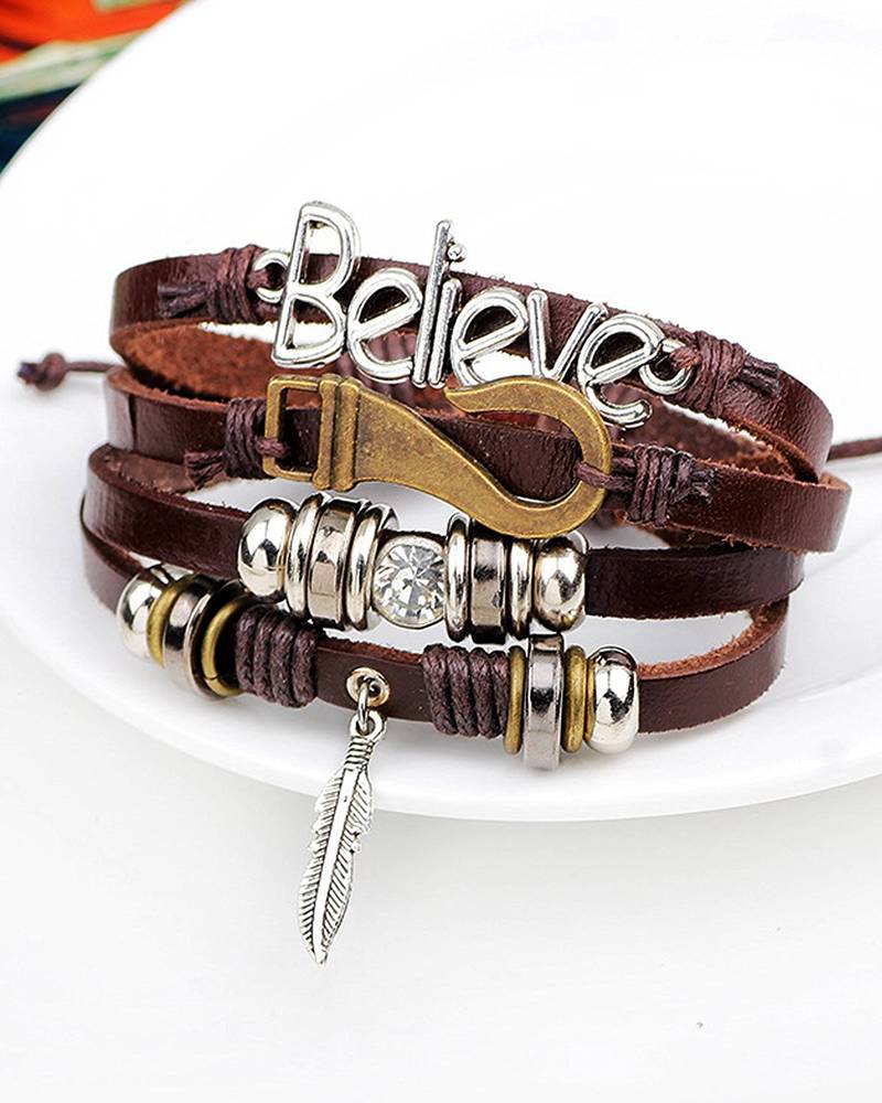 Stylish Believe 100% Genuine Brown Leather Beads Leaf Charm Multi-Strand Unisex Bracelet Men Boys