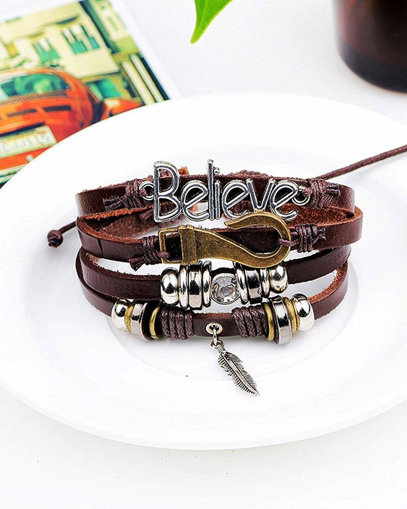 Stylish Believe 100% Genuine Brown Leather Beads Leaf Charm Multi-Strand Unisex Bracelet Men Boys