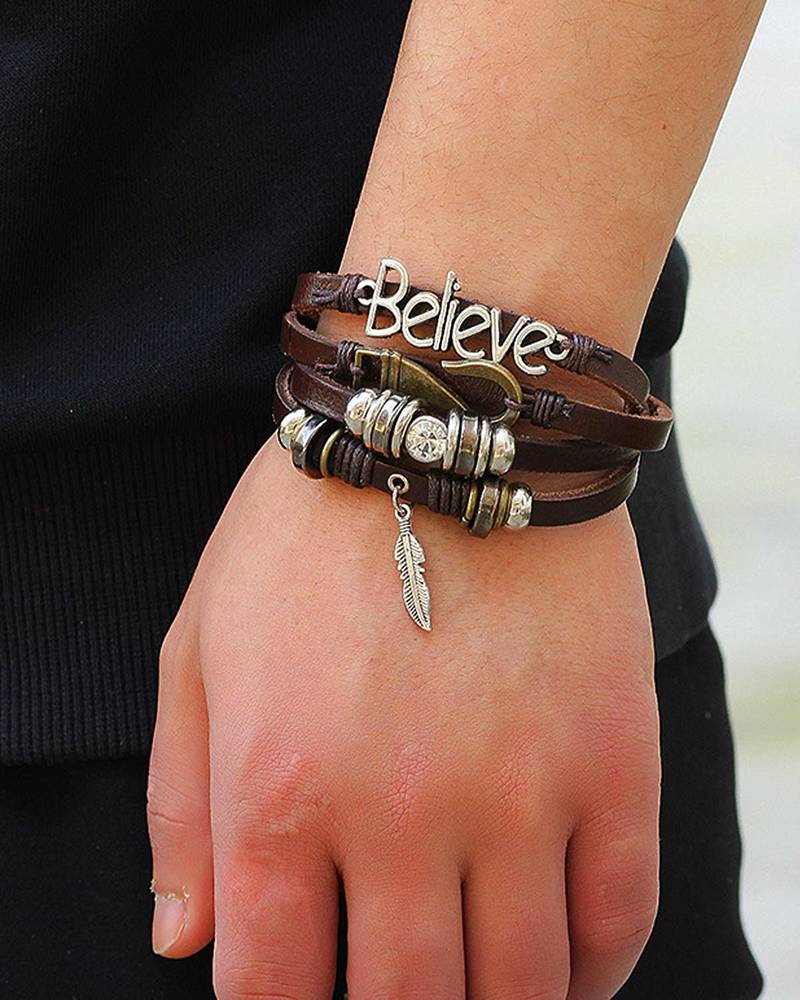 Stylish Believe 100% Genuine Brown Leather Beads Leaf Charm Multi-Strand Unisex Bracelet Men Boys