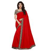 red plain Chanderi Cotton Kalamkari  saree with blouse