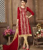 Red Embroidered Faux Cotton Salwar