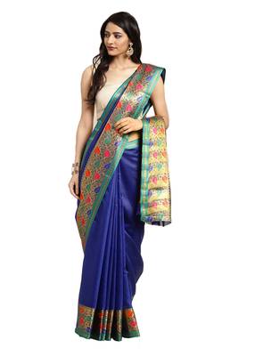 Kimisha Women's Blue Jacquard Cotton Silk Saree With Designer Pallu 1