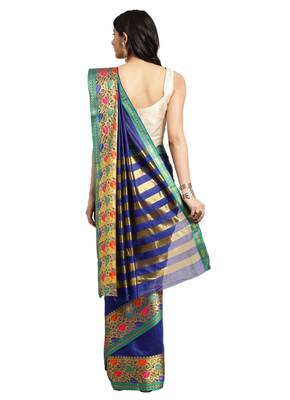 Kimisha Women's Blue Jacquard Cotton Silk Saree With Designer Pallu 2