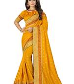 Yellow embroidered banarasi silk saree with blouse