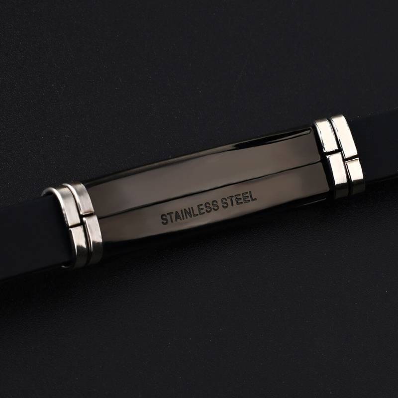 Silver Black 316L Surgical Stainless Steel Silicone Adjustable Wrist Band Bracelet for Men Boys