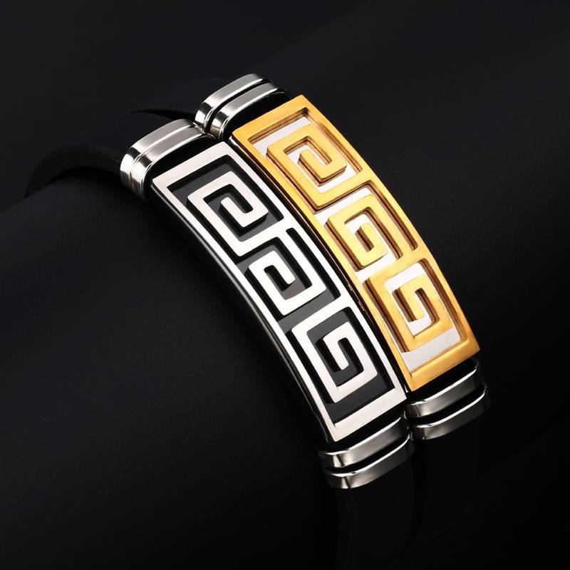 Silver Black 316L Surgical Stainless Steel Silicone Adjustable Wrist Band Bracelet for Men Boys