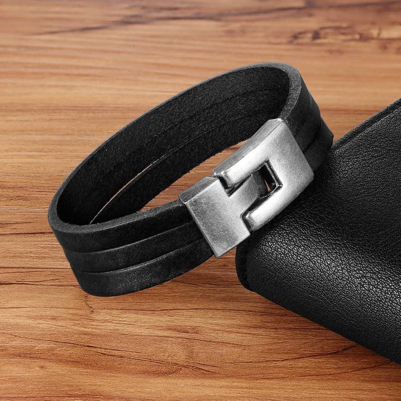 Triple Layer Black 100% Genuine Leather Wrist Band Strap Bracelet for Men Boys
