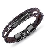 Triple Layer Black Feather Brown 100% Genuine Braided Leather Wrist Band Strand Bracelet for Men Women Boys Girls