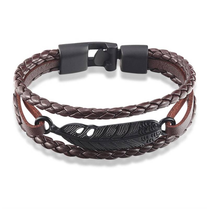 Triple Layer Black Feather Brown 100% Genuine Braided Leather Wrist Band Strand Bracelet for Men Women Boys Girls