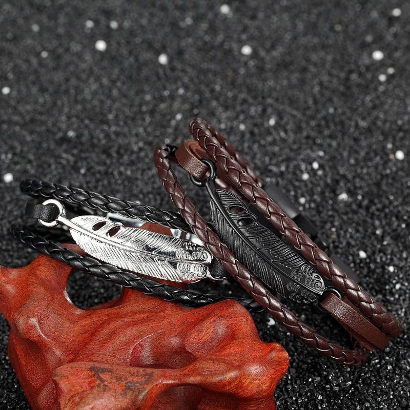 Triple Layer Black Feather Brown 100% Genuine Braided Leather Wrist Band Strand Bracelet for Men Women Boys Girls