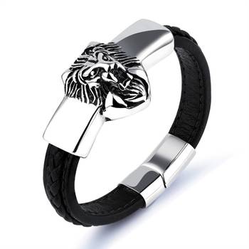 Biker Punk Lion Black Genuine Leather 316L Surgical Stainless Steel Magnetic Clasp Wrist Band Bracelet for Men Boys 1