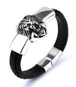 Biker Punk Lion Black Genuine Leather 316L Surgical Stainless Steel Magnetic Clasp Wrist Band Bracelet for Men Boys
