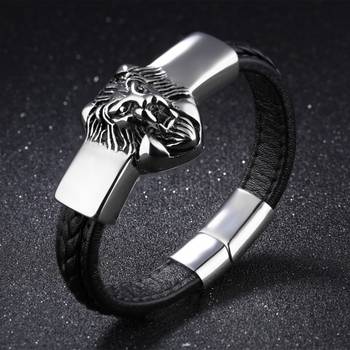 Biker Punk Lion Black Genuine Leather 316L Surgical Stainless Steel Magnetic Clasp Wrist Band Bracelet for Men Boys 2