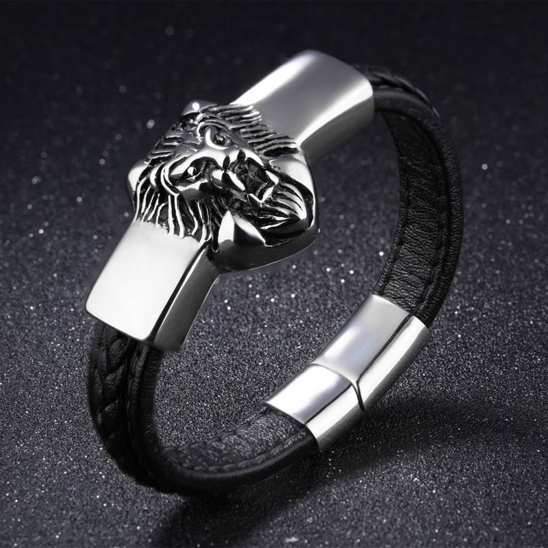 Biker Punk Lion Black Genuine Leather 316L Surgical Stainless Steel Magnetic Clasp Wrist Band Bracelet for Men Boys