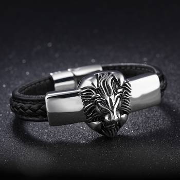 Biker Punk Lion Black Genuine Leather 316L Surgical Stainless Steel Magnetic Clasp Wrist Band Bracelet for Men Boys 3