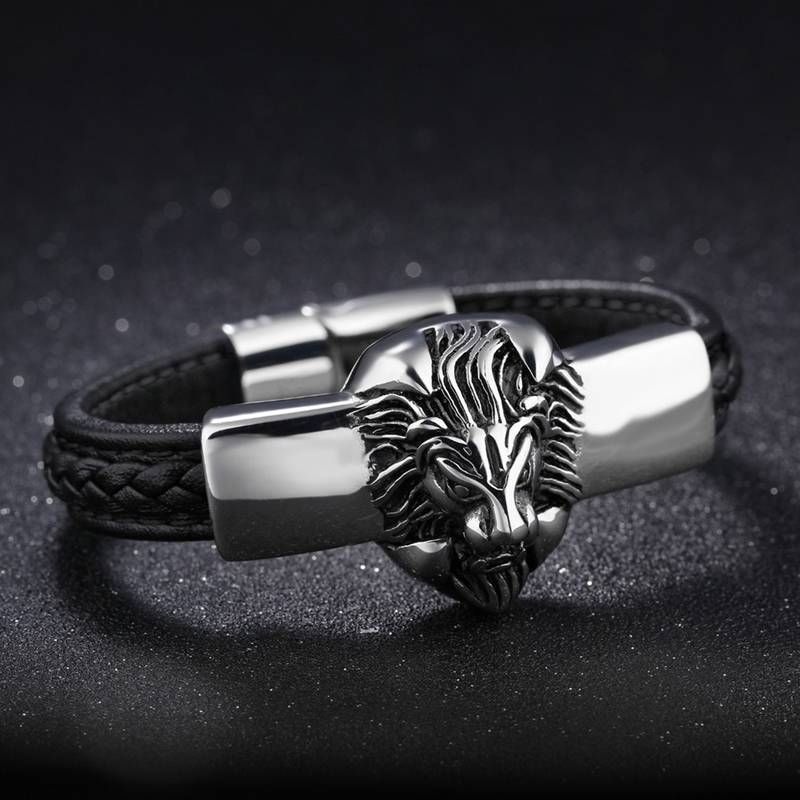 Biker Punk Lion Black Genuine Leather 316L Surgical Stainless Steel Magnetic Clasp Wrist Band Bracelet for Men Boys