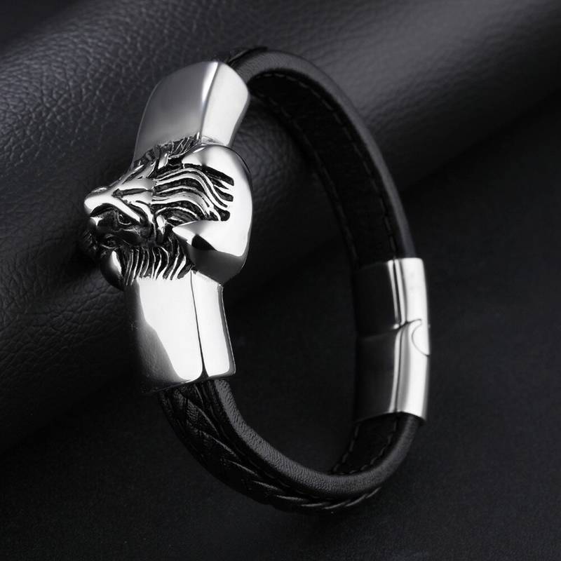 Biker Punk Lion Black Genuine Leather 316L Surgical Stainless Steel Magnetic Clasp Wrist Band Bracelet for Men Boys