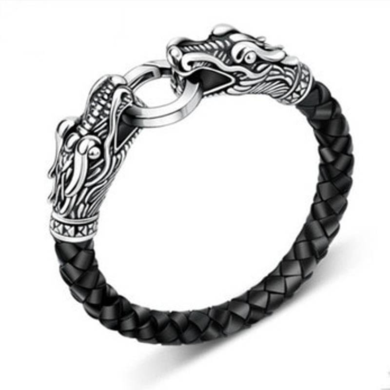 Biker Punk Lion Dragon Black Genuine Leather 316L Surgical