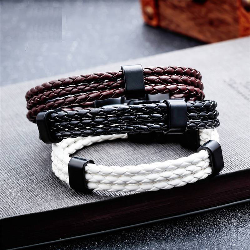 Biker Stylish Triple Layer Black Handcrafted Genuine Leather Wrist Band Wrap Bracelet for Boys Girls Men Women