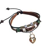 Handmade Valentine Gift Love Couple Heart Lock Brown Green Strand Leather Wrist Band Strap Bracelet for Boys Girls