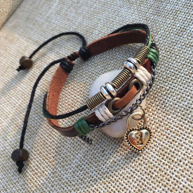 Handmade Valentine Gift Love Couple Heart Lock Brown Green Strand Leather Wrist Band Strap Bracelet for Boys Girls