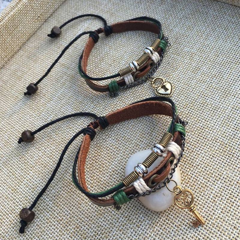 Handmade valentine gift love couple heart lock brown green strand leather  wrist band strap bracelet for boys girls