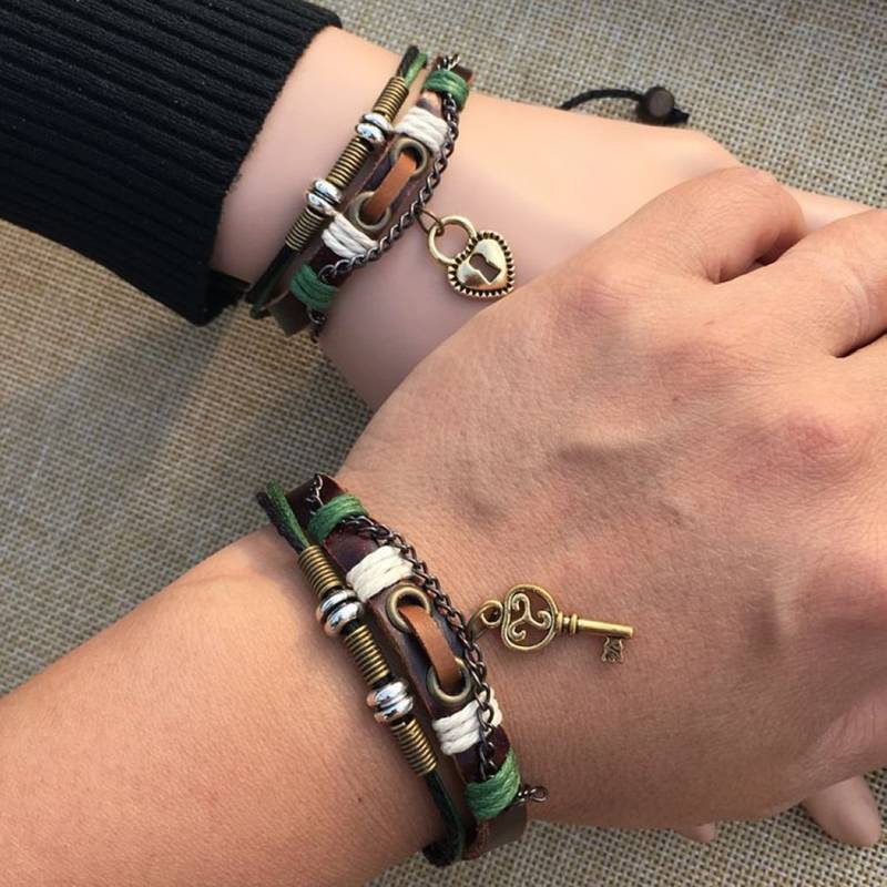 Handmade Valentine Gift Love Couple Heart Lock Brown Green Strand Leather Wrist Band Strap Bracelet for Boys Girls