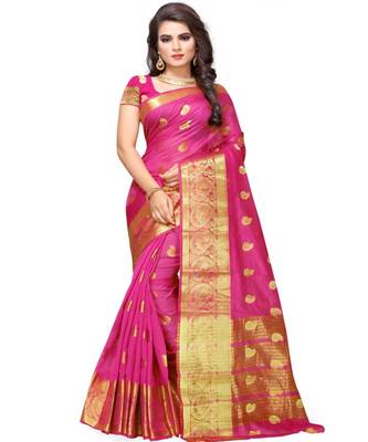 Pink woven cotton saree with blouse 1
