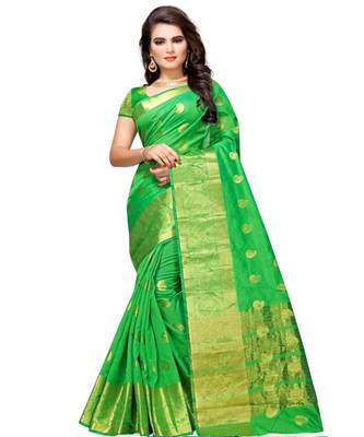 Green woven cotton saree with blouse 1
