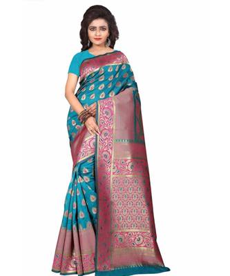 Blue woven banarasi saree with blouse 1
