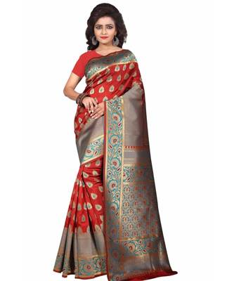 Red woven banarasi saree with blouse 1