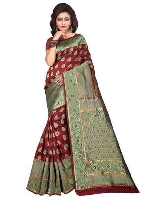 Maroon woven banarasi saree with blouse 1