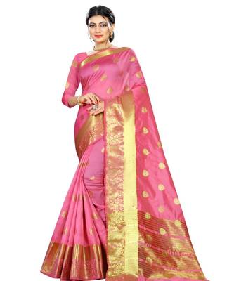 Pink woven Cotton saree with blouse 1