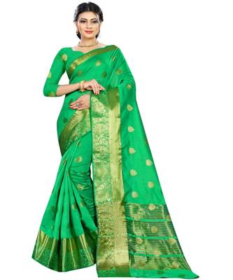 Green woven Cotton saree with blouse 1