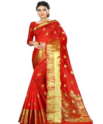 Red woven Cotton saree with blouse 1