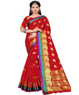 Red woven cotton saree with blouse 1