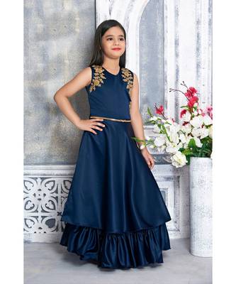 Blue embroidered polyester kids girl gowns 1