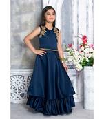 Blue embroidered polyester kids girl gowns