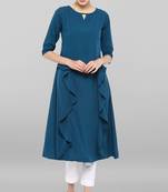 Janasya Turquoise plain crepe ethnic kurtis