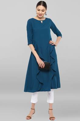 Janasya Turquoise plain crepe ethnic kurtis 2