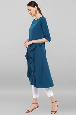 Janasya Turquoise plain crepe ethnic kurtis 3
