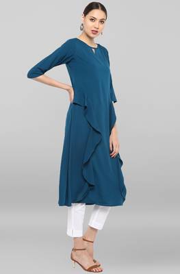 Janasya Turquoise plain crepe ethnic kurtis 4