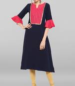 Janasya Blue plain crepe ethnic-kurtis