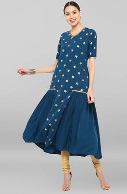 Janasya Teal printed crepe ethnic-kurtis 1