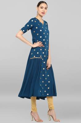 Janasya Teal printed crepe ethnic-kurtis 4