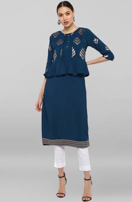 Janasya Teal printed crepe ethnic-kurtis 1