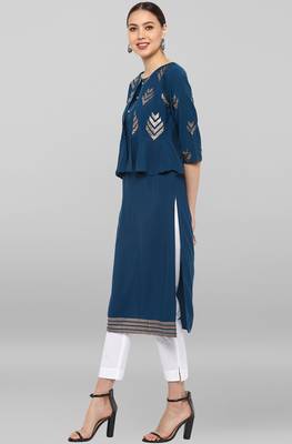 Janasya Teal printed crepe ethnic-kurtis 3