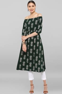Janasya Dark-green printed crepe ethnic-kurtis 1
