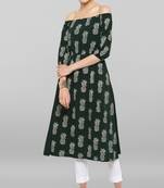 Janasya Dark-green printed crepe ethnic-kurtis