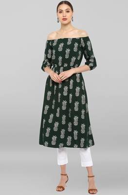 Janasya Dark-green printed crepe ethnic-kurtis 2